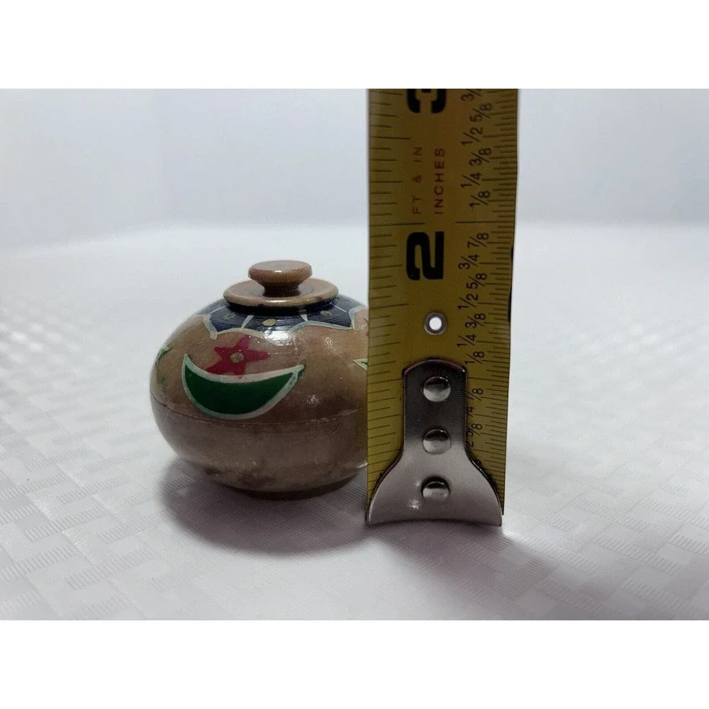 Vintage‎ Miniature India Stone Bowl with Lid, Hand Painted Stars and Crescents